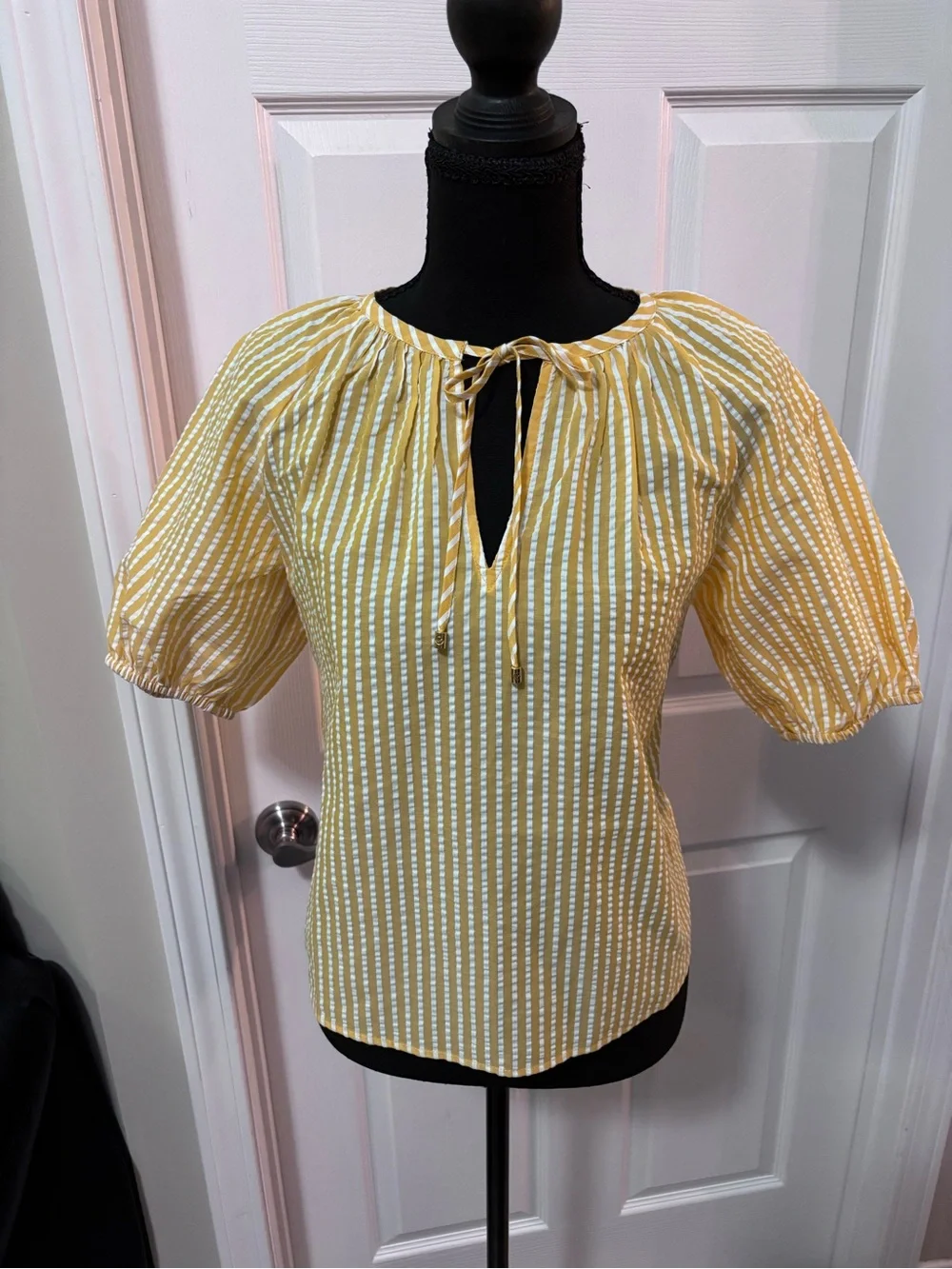 Michael Kors Yellow and White Striped Tie-Neck Blouse
